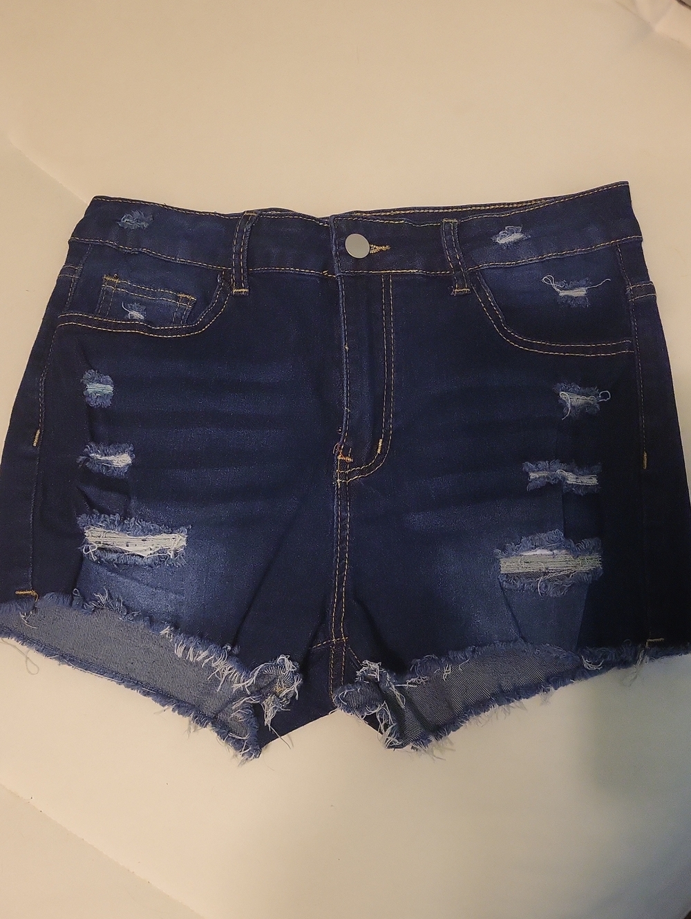 Dark Blue Distressed Denim Shorts - Women's